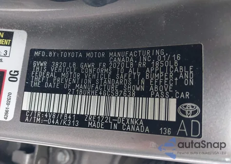 2016 Toyota Corolla Le z USA, uszkodzony, nr VIN 2T1BURHE4GC597638